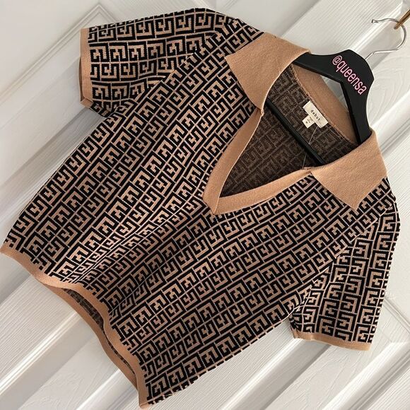 Brown & Tan Color Block Knit V- Neck top - Picture 7 of 8